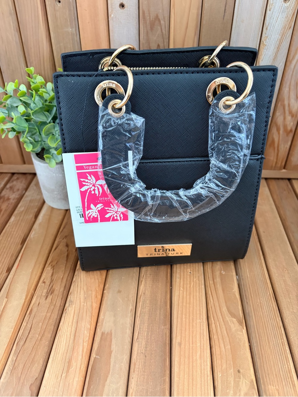 Trina Turk Black Satchel Crossbody Structured Minimalist Fashion, Vegan Leather